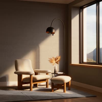 A lounge chair by a window with a mountain view